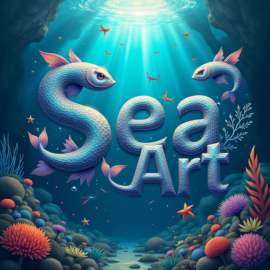 Typography Poster design, Logo Design, magical letter-shaped animals, fonts, text says "seaArt", magical seaart creatures, Logo "seaArt", vivid, masterpiece, best quality, Professional, ultra-detailed, intricate details