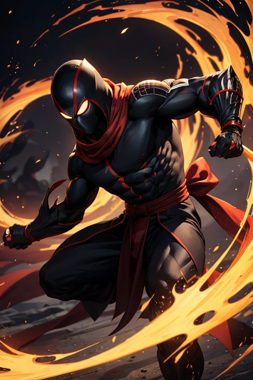 He wears a traditional ninja outfit, predominantly black, adorned with subtle red accents that symbolize the influence of the symbiote that accompanies him. The fabric is light and flexible, allowing him to move with impressive agility and utilize his combat skills with complete freedom. The nine tails that extend behind him swing gracefully, each movement reflecting his dexterity and power. His figure is that of an attractive young man, endowed with an athletic physique and fair skin that shines in the sunlight. His long, silky hair flows like water; usually black or deep brown, but reveals reddish or golden hues when illuminated by sunlight. To complement his elegant and agile appearance, he wears a light overcoat or kimono that flows around him as he moves, giving him a mystical and powerful aura. He has a red scarf that covers his face because of the influence of the symbiote.