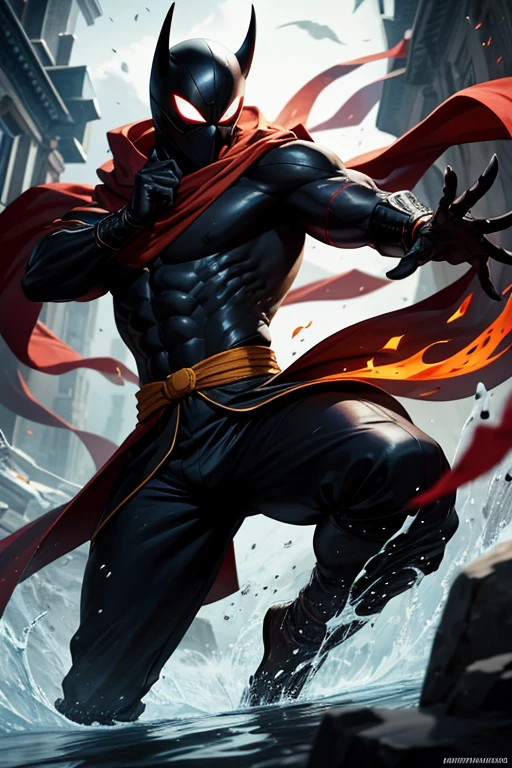 He wears a traditional ninja outfit, predominantly black, adorned with subtle red accents that symbolize the influence of the symbiote that accompanies him. The fabric is light and flexible, allowing him to move with impressive agility and utilize his combat skills with complete freedom. The nine tails that extend behind him swing gracefully, each movement reflecting his dexterity and power. His figure is that of an attractive young man, endowed with an athletic physique and fair skin that shines in the sunlight. His long, silky hair flows like water; usually black or deep brown, but reveals reddish or golden hues when illuminated by sunlight. To complement his elegant and agile appearance, he wears a light overcoat or kimono that flows around him as he moves, giving him a mystical and powerful aura. He has a red scarf that covers his face because of the influence of the symbiote.