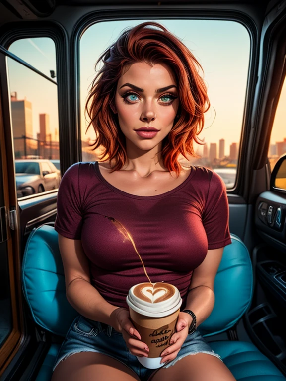 mj, Photorealistic cinematic image of a beautiful homeless girl with short red hairdo., sitting inside her truck with the door open heading home with a takeaway cup of coffee, hungry, Try to keep a positive attitude in your uncertain future., sad eye, bokeh, shallow depth of field, The natural lighting of the late afternoon merges with the neon light of the city.