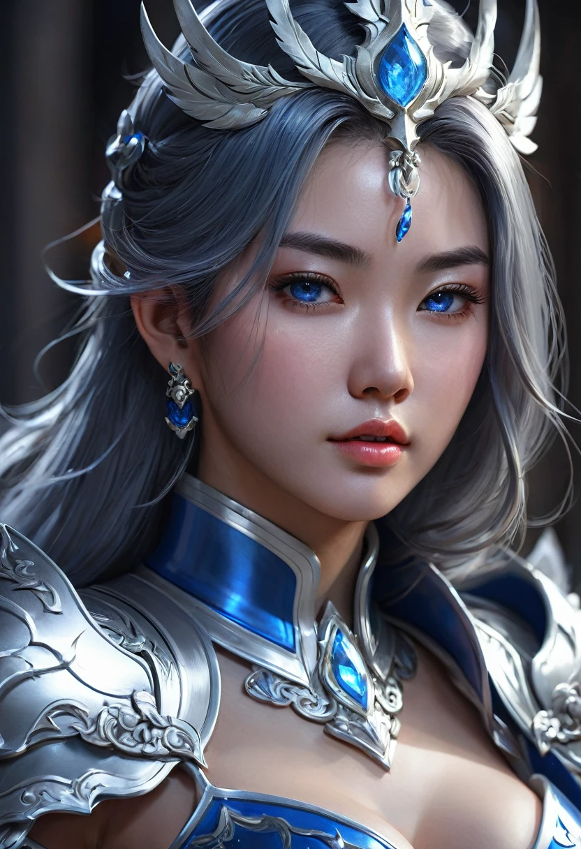 a close up of a woman in a silver and blue dress, chengwei pan on artstation, by Yang J, detailed fantasy art, stunning character art, fanart best artstation, epic exquisite character art, beautiful armor, extremely detailed artgerm, detailed digital anime art, artgerm on artstation pixiv, armor girl