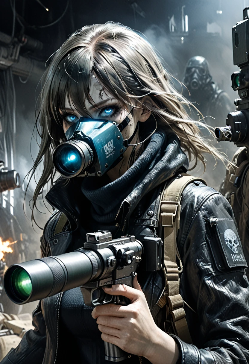 a girl with glowing steelblue eyes, detailed textured skin, wearing a black leather coat, holding a modified heavy firearm, aiming action, in the style of Ashley Wood, character design, doomsday, night vision devices, death mask, (best quality,4k,8k,highres,masterpiece:1.2),ultra-detailed,(realistic,photorealistic,photo-realistic:1.37)