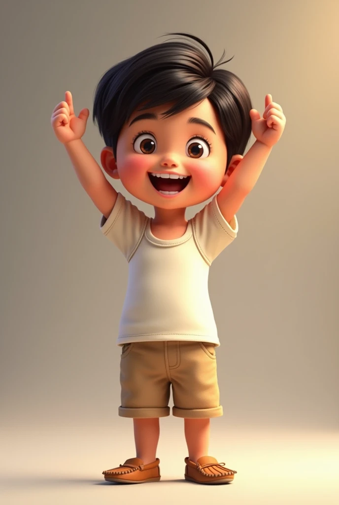 boy, 2 , fully body, Disney  style, skin tone: clearing:  body hair: dark brown, 小柄, right side hairstyle. chemise: with sleeve, white color. Short: beiges. shoe: moccasin. fund: Gray and white gradient,Celebrating, Hands raised, Grinning, glad, (Pixar-style) (Masterpiece artwork:1.2) (bokeh) (best qualityer) (skin detailed) (detailed texture) (8k) (Argilla) (cinematic lighting) (sharp focus)