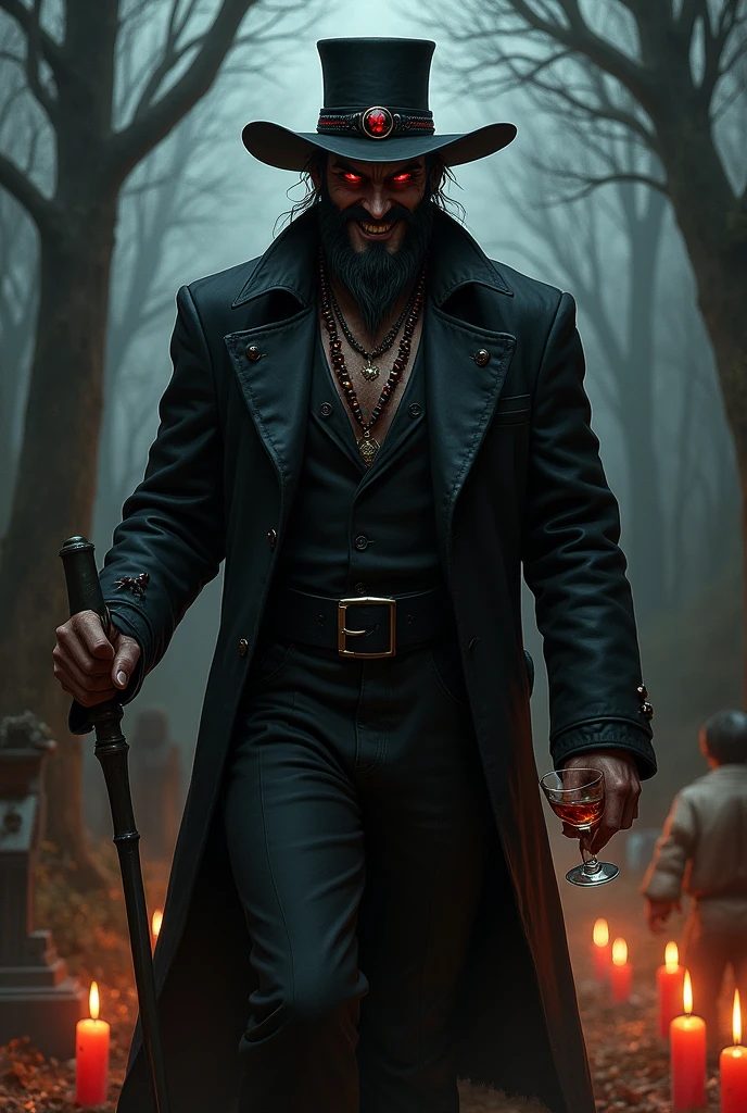 Beautiful man, evil smile, barba, black guys, layer negra detalles en rojo, comment, lit and melted candles, red and black necklace, dark, whiskey glass, layer, smiling, stuffed body, walking through the cemetery, Cigarettes, in it, black guys, walking stick, necklace with colored beads , antique black hat red and black, fat body
