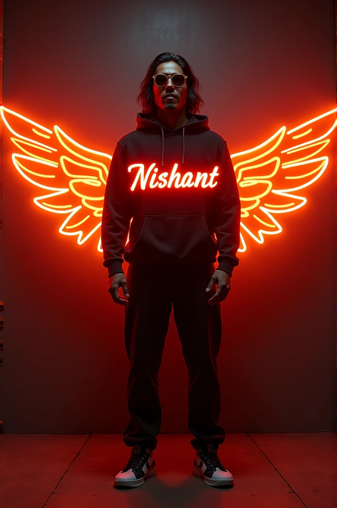 “In front of a dark wall a young man stands confidently. He holds a glowing orange neon sign with the name ‘Nishant’ in his hand. Orange neon wings extend from his back. He has long hair, wears sunglasses, and is dressed in a black long hoodie and black pants.”