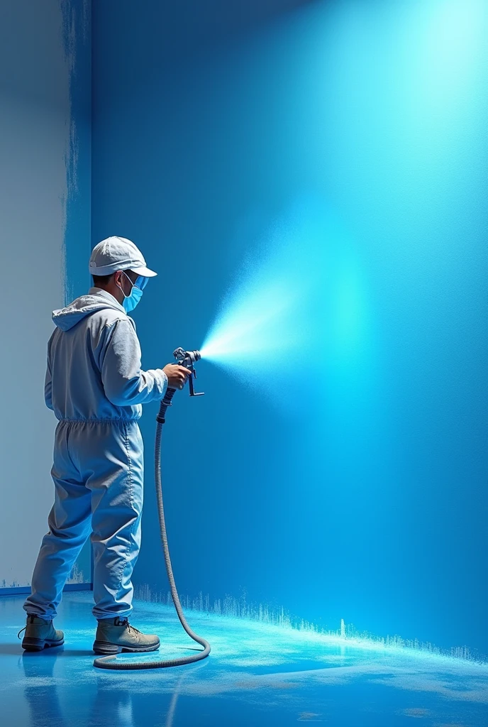 Painting a wall blue with a spray gun