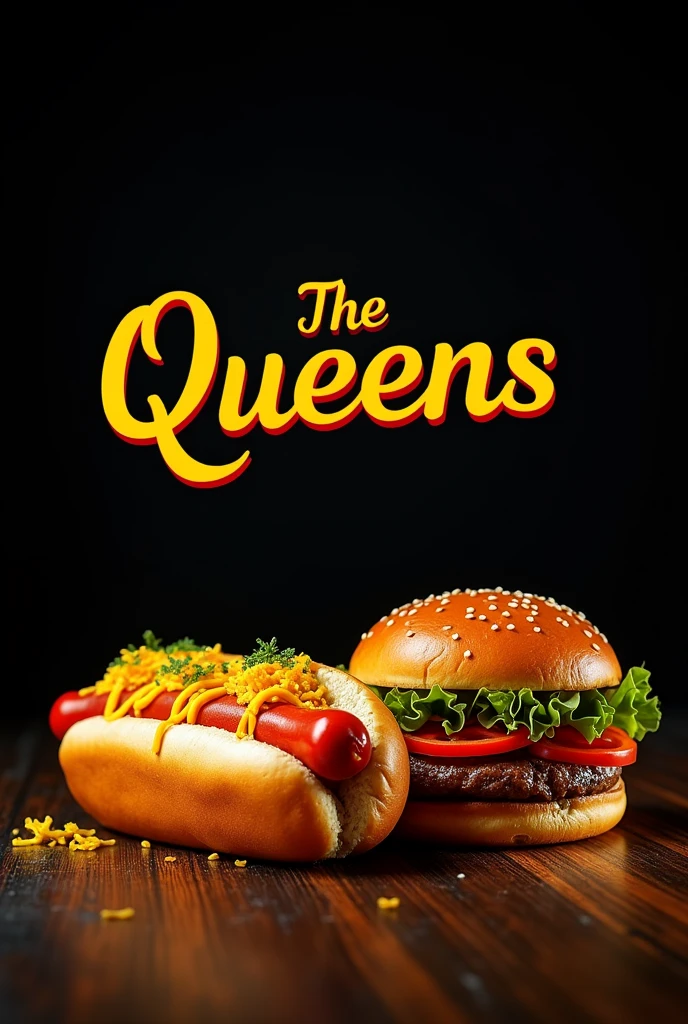 I want a hot dog and hamburger design with yellow details, orange and a black background for an advertisement bearing the name the Queens ,