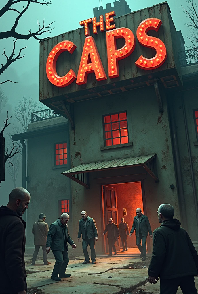 Create a madhouse on the outside with the sign called The caps, with crazy people below