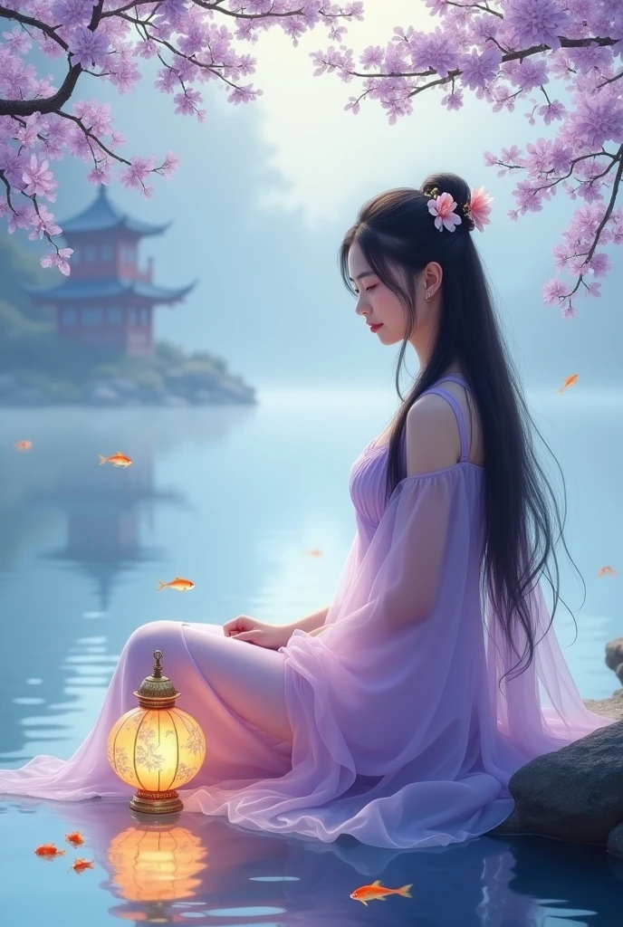 {
"prompt": "An ethereal scene with a young woman sitting by a tranquil lake. She wears a flowing gown of sheer, pastel lavender and pink fabrics. Her long dark hair is adorned with delicate gold hair ornaments shaped like flowers. In the misty background, a distant pagoda-style structure is visible. Small orange and goldfish swim in the clear reflective water. Overhead, branches with purple and lavender leaves add a whimsical touch. A glowing lantern with floral patterns rests by her side in the water, casting a warm, soft light. The setting blends traditional Asian art with fantasy elements, emphasizing tranquility and otherworldly beauty.",
"size": "1024x1792"
}