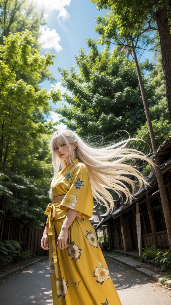 oc chainsaw man, women, long white hair, yellow eyes, dynamic pose, dressed in yukata, trees background
