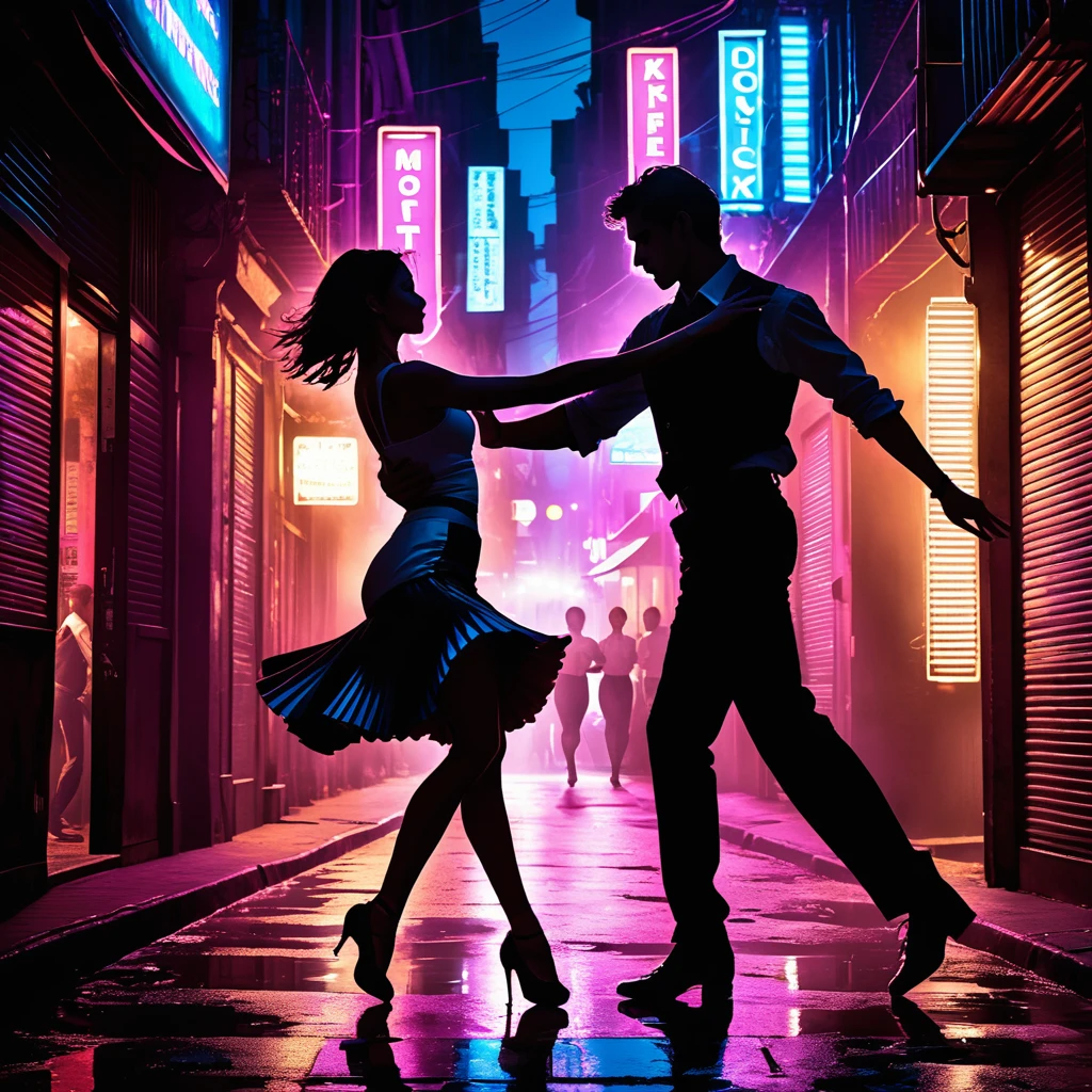 An atmospheric urban scene at night featuring a tango dance in a narrow alley, illuminated by flickering neon lights. The setting is filled with the sound of an accordion and the pulse of drums, creating a passionate and intense atmosphere. Dancers are silhouetted against the neon glow, their movements dramatic and full of emotion. The environment captures the gritty romance of the city, reflecting the struggle and beauty of urban life through the art of dance, surrounded by echoes of music and the shadows of the night