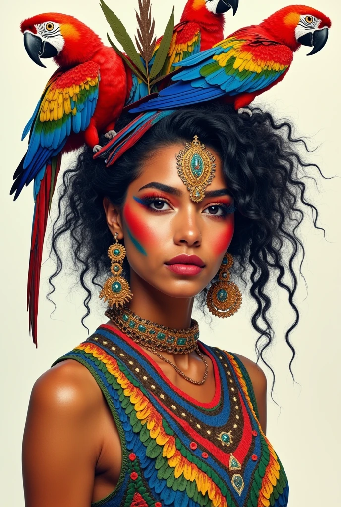 a beautiful indigenous woman with macaws on her head , all colored on the face and body in drawing format, looking forward
