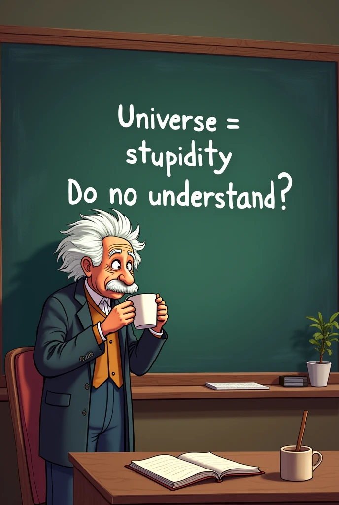cartoon style, Einstein wrote on the blackboard in the classroom, "Universe = stupidity" and "Do you understand?" and looked down while drinking coffee