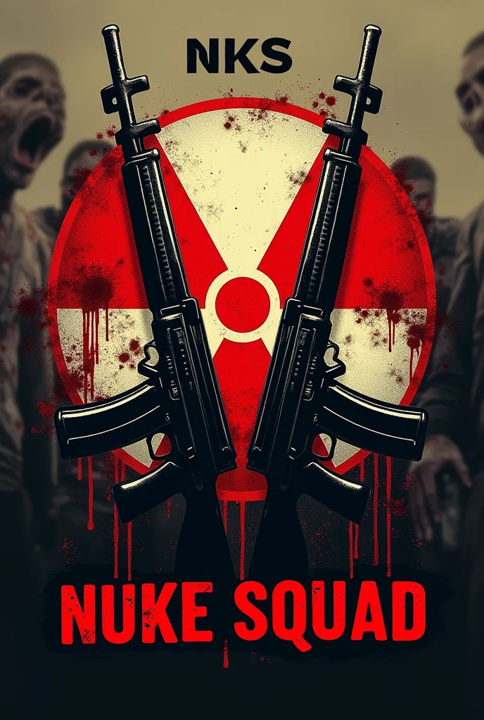 Create a logo with the nuclear radiation symbol, next to two AK47s pointed upwards. In the background zombies with blood. Below the logo written NUKE SQUAD, com fonte Times New Roman. Above the logo the acronym NKS.