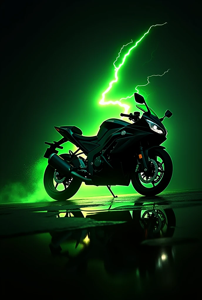 A green lightning bolt silhouette logo in the shape of a Kawasaki Ninja 300 sports bike that has just fallen on the road , the angle is in profile, striking, At the bottom it should say Green Ray and the lightning bolt should be behind the bike and fall to the surface