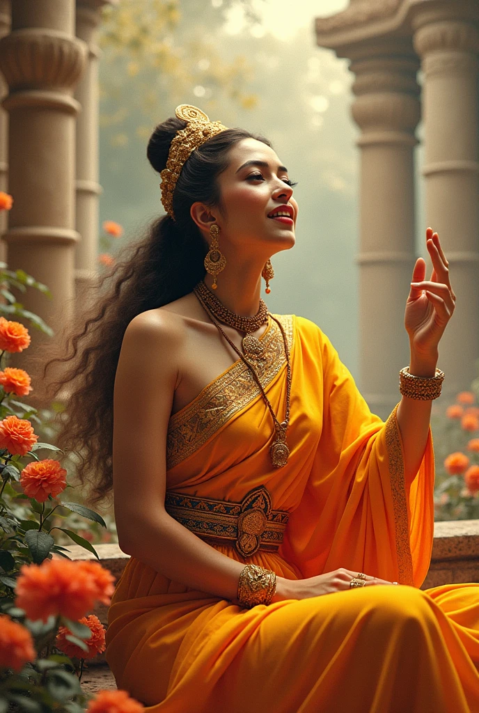 "Ramba female singing melodious tunes, surrounded by blooming flowers in the heavenly courts of the Gods."