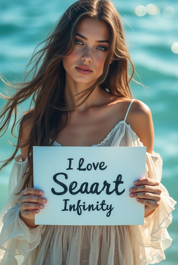 Beautiful girl with wavy long hair, bohemian dress, holding a white board with text "I Love Seaart Infinity" and showing it to the viewer