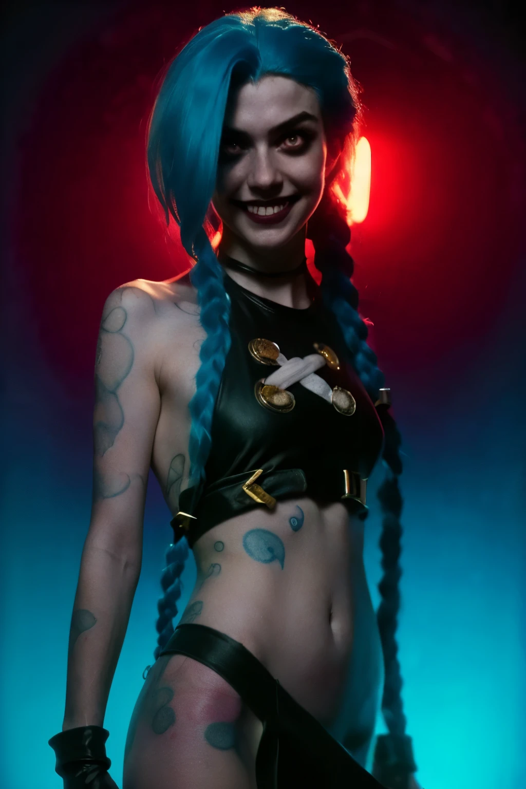 Hyper realistic super detailed Jinx cosplay ,((  girl, 15 yeVery detailed, (hyper realistic: 1.4), ((in dynamic fight pose)) , ((angry face)) , twin braids, long hair, blue hair, red eyes, (((blue tattoo on arm))) , ((skinny body)) , (((psycho face, creppy smiling) )), arcane style. ((Grunge Neon grafitti background, cinematic lighting)).