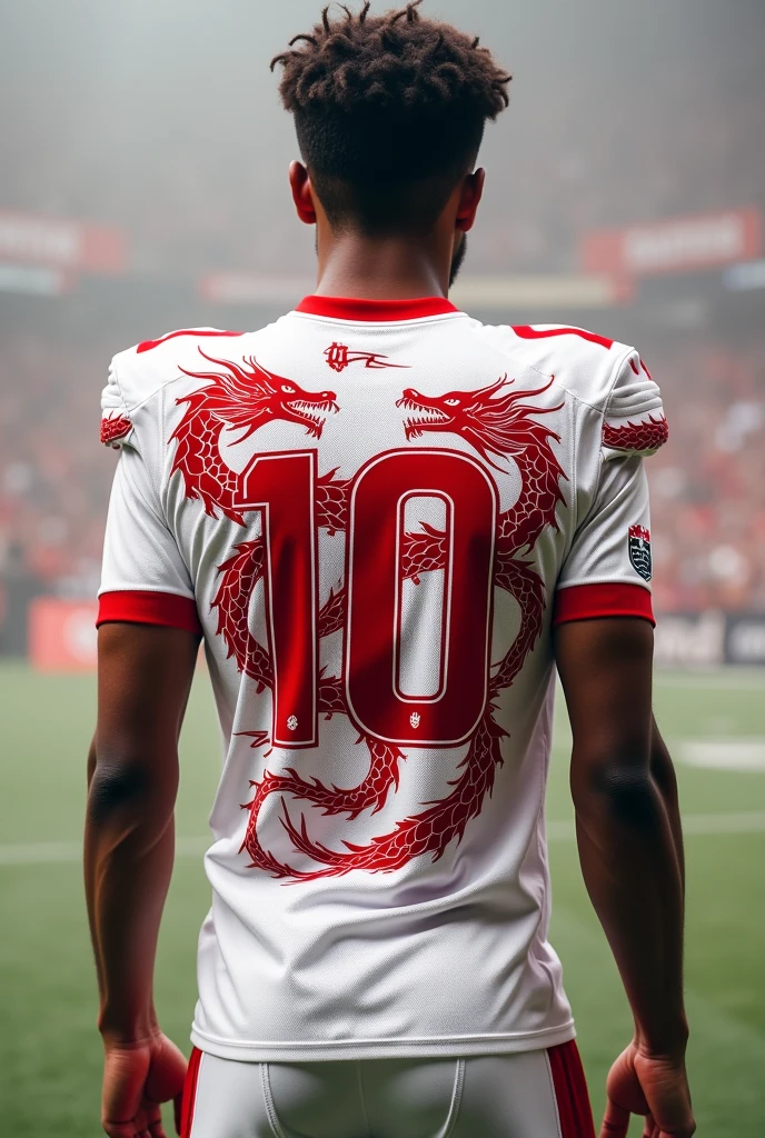 A football shirt with the number 10 on the back with the colors white and red full of dragons around the number 10