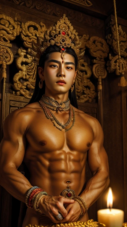 masterpiece,Best quality at best,UHD,8k wallpaper,actual,masterious,(realisticlying:1.4),1 Giant men,full bodyesbian, a housand Hands god, Guan yin style , Multiple hands holding some holly chinese weapons, he is in an ancient style temple , fantastic dunhuang outfits, olot of jewelry detail, holly lighting ,, beautiful korean face with compassion
