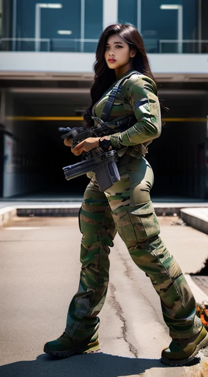 Beautiful Malay girl, prety black hair woman,wearing shiny iron camouflage armor army,taking a big machine gun in middle of war,army pants,standing in chaos street and broken building,view full of body,sexy pose