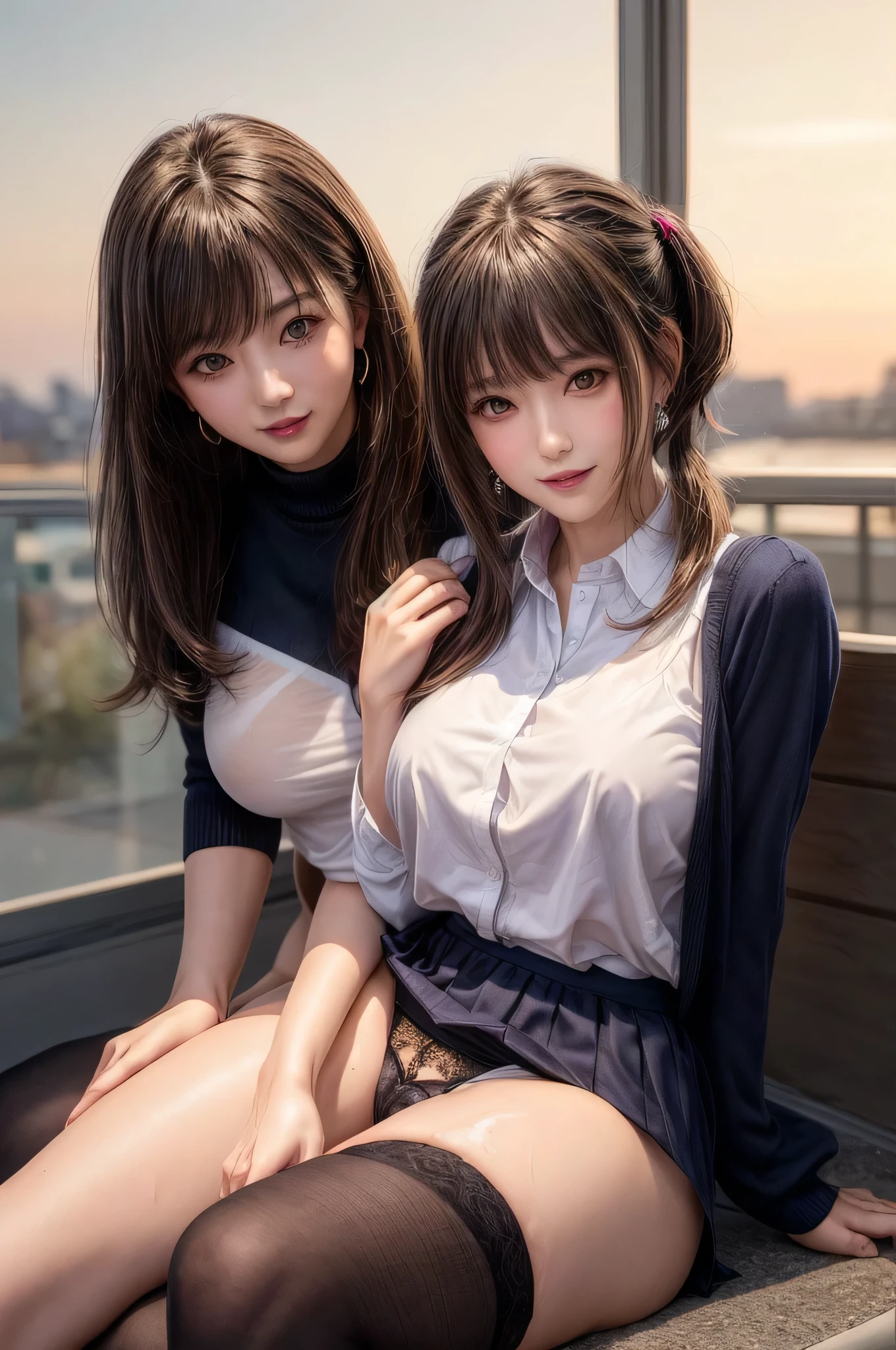 Kujikawa Def,Twin tails,school uniform,Seraph of the Black,Long sleeve,skirt,Knee socks,jewelry,Earrings,Straddle,
Highest quality, Very detailed, masterpiece, Absurd,8k,   photoRealistic, Realistic,Detailed skin texture,Detailed pupil,High resolution,Natural light,
One girl,alone,(Happy:1.1),(smile:1.2),short hair,Brown Hair,(Angular face:1.2),Shining Face,Large Breasts, Tight waist, Lip Makeup,Wet shirt,Spread your legs,(I can see her panties:1.5)Bra is visible,
