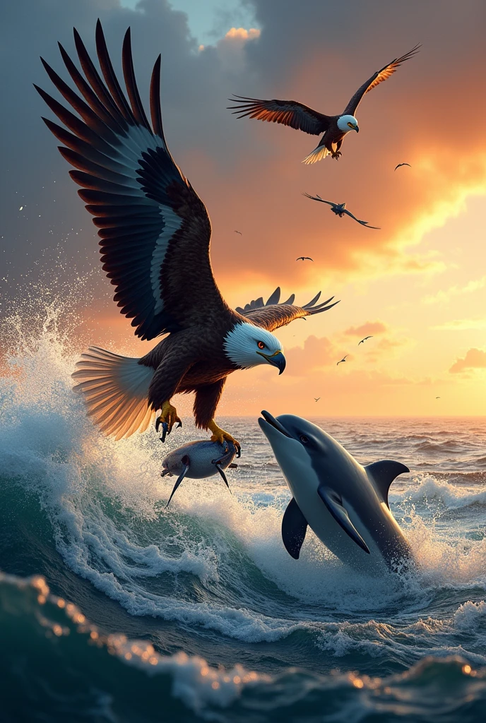 Eagle catching fish by left hand by flying on sea, and big dolphin fish jumps on upside of the sea , and its evening sunset time, and some egales flying around sea