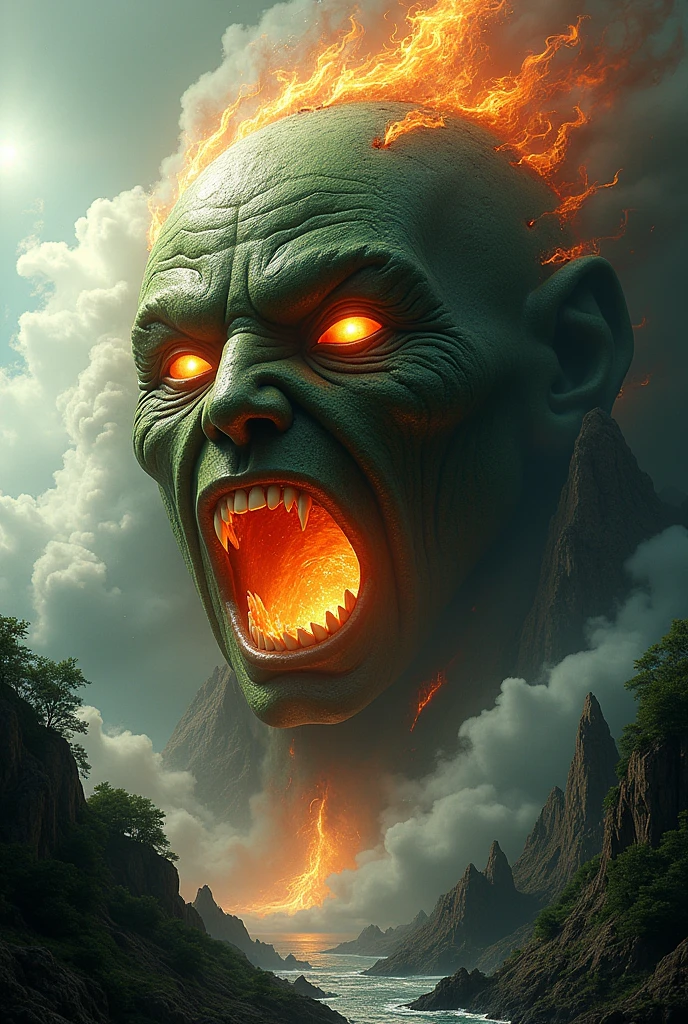 Green planet with a face on fire