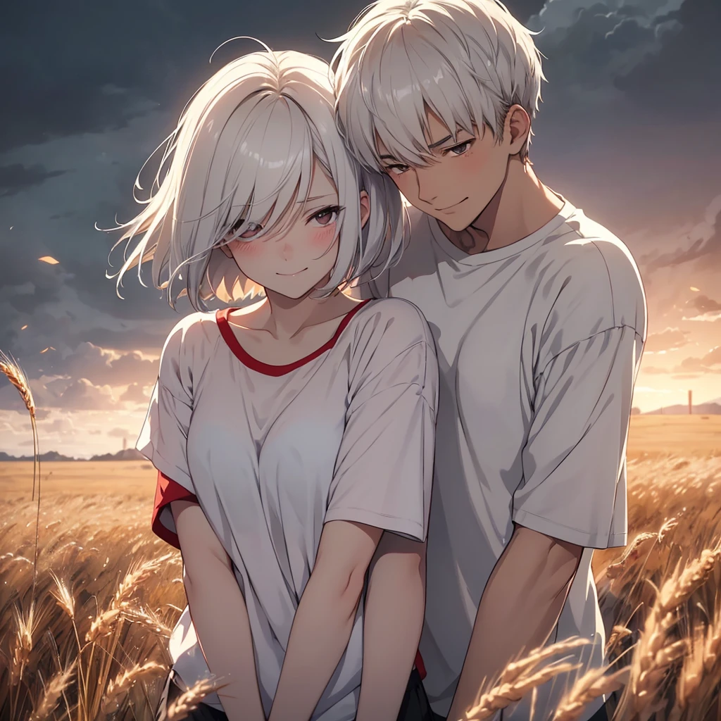 a short-haired white-haired girl messed by the wind, red-eyed, wearing a white t-shirt, smiling shyly, blushing face, gazing at a brown-haired man with black eyes, expressing a sincere smiling face, embracing each other tightly in a wheat field, gloomy evening atmosphere, realistic anime-style image with rgb lighting