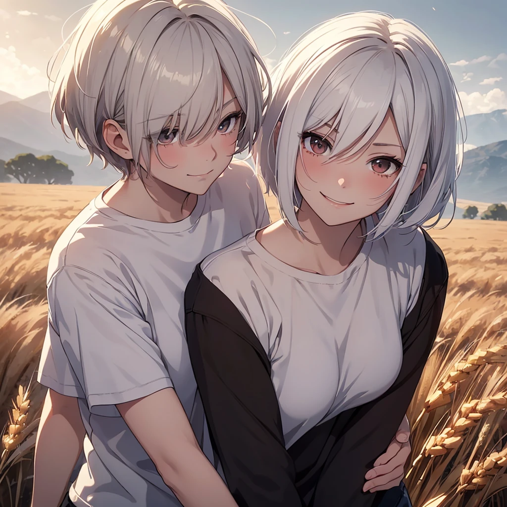 a short-haired white-haired girl messed by the wind, red-eyed, wearing a white t-shirt, smiling shyly, blushing face, gazing at a brown-haired man with black eyes, expressing a sincere smiling face, embracing each other tightly in a wheat field, gloomy evening atmosphere, realistic anime-style image with rgb lighting