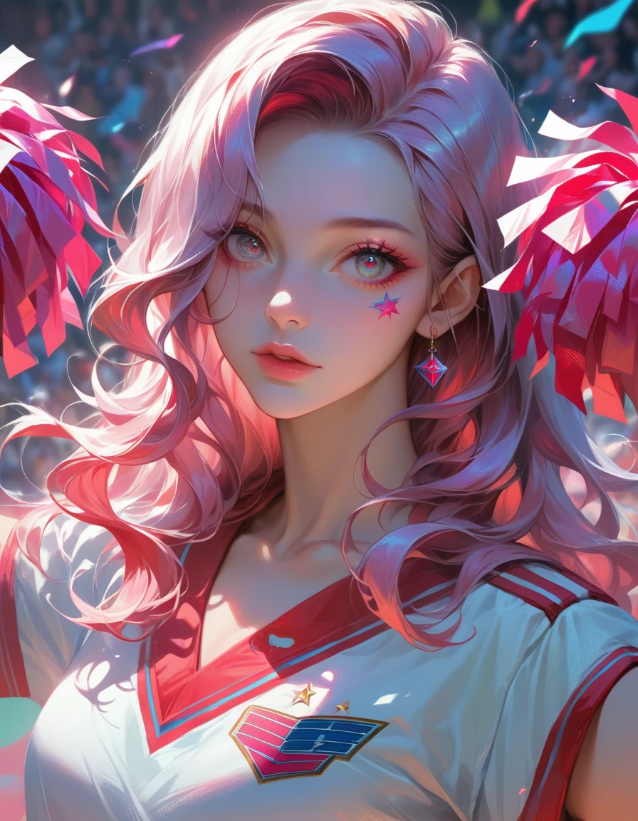A cheerleader in a vibrant red and white uniform, dynamic leaps, energetic stunts, closeup headshot, highly detailed facial features, beautiful eyes, striking makeup, glossy lips, flowing hair, photorealistic, studio lighting, award-winning, cinematic composition, ultra detailed, 8k, vibrant colors, masterpiece