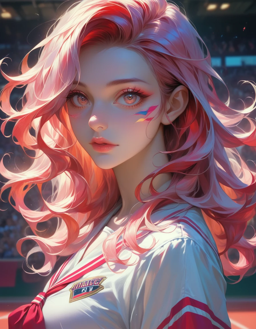 A cheerleader in a vibrant red and white uniform, dynamic leaps, energetic stunts, closeup headshot, highly detailed facial features, beautiful eyes, striking makeup, glossy lips, flowing hair, photorealistic, studio lighting, award-winning, cinematic composition, ultra detailed, 8k, vibrant colors, masterpiece