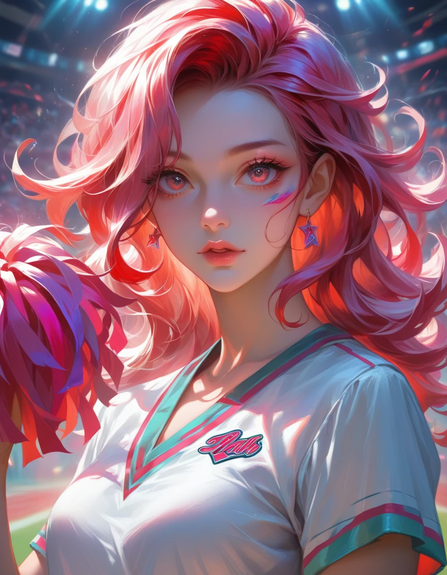A cheerleader in a vibrant red and white uniform, dynamic leaps, energetic stunts, closeup headshot, highly detailed facial features, beautiful eyes, striking makeup, glossy lips, flowing hair, photorealistic, studio lighting, award-winning, cinematic composition, ultra detailed, 8k, vibrant colors, masterpiece