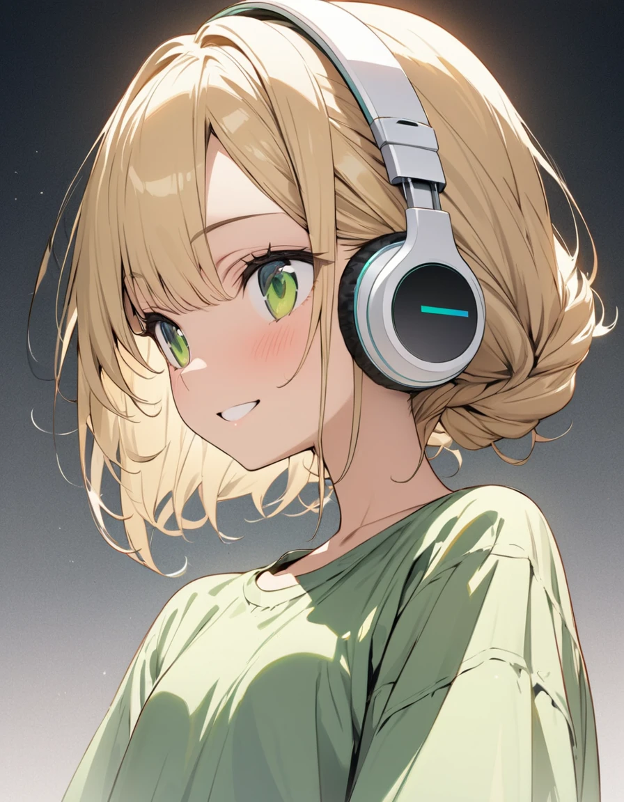 ((ultra-detailed))/one women, short blonde hair and bob hair.、beautiful green eyes、a braid, I tied my hair in a bun with a hair clip..、smile、gentle smile on her face、flat chest, one Beautiful girl,((masterpiece, illustration, best quality) ((ultra-detailed))/solid white background,blank background, while wearing wireless white headphones, full upper body, green blank shirt, no cut outs
