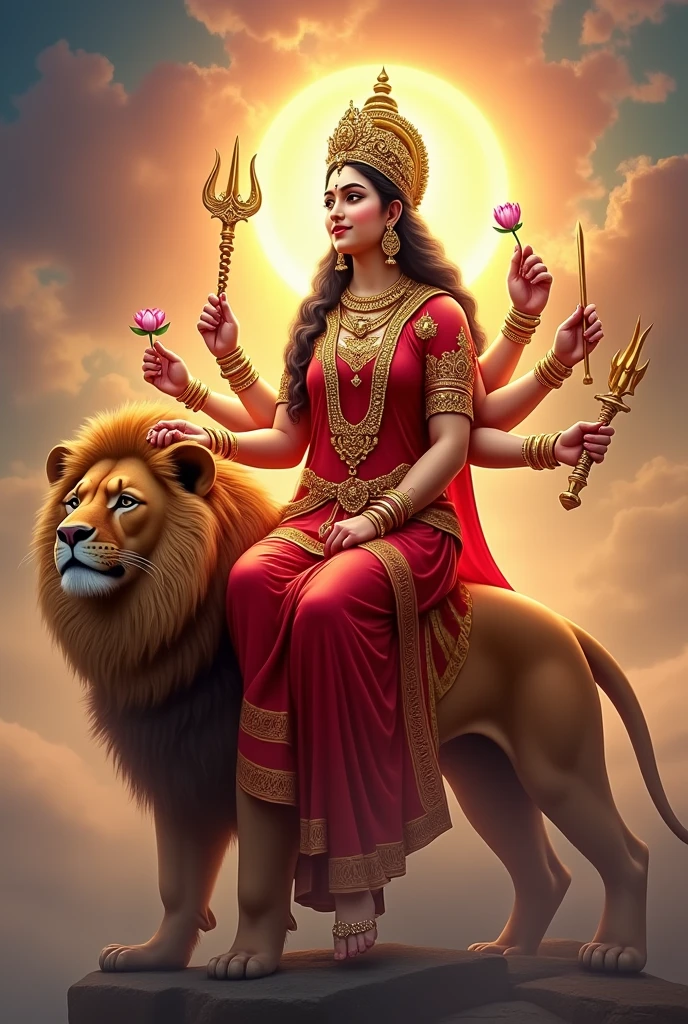 A high-quality, 16K resolution image of Sherawali Mata, the divine goddess sitting gracefully on a majestic lion (Sher). The goddess is depicted as serene and beautiful, with a radiant and divine aura. She is adorned in traditional red and gold attire, with intricate jewelry and a crown. Her multiple arms hold various symbolic items like a trident, lotus, and sword. The background is a blend of vibrant colors with soft, ethereal lighting, symbolizing divinity and power. The lion is fierce yet calm, sitting loyally by her side, embodying strength and protection. The overall scene should be peaceful, spiritual, and inspiring, capturing the essence of Sherawali Mata's grace and power.