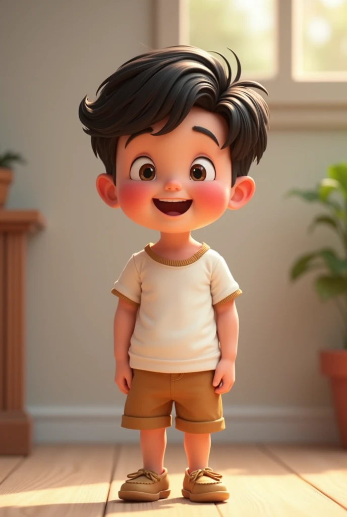boy, , fully body, Disney  style, skin tone: clearing:  body hair: dark brown, 小柄, right side hairstyle. chemise: with sleeve, white color. Short: beiges. shoe: moccasin. fund: Gray and white gradient,Celebrating, Grinning, glad, (Pixar-style) (Masterpiece artwork:1.2) (bokeh) (best qualityer) (skin detailed) (detailed texture) (8k) (Argilla) (cinematic lighting) (sharp focus)