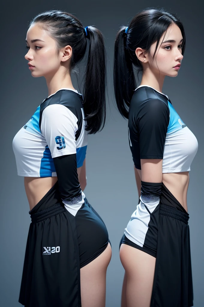 Create several images of black and blue volleyball shirt ideas, front and back, with beautiful details, without any writing, just the number 08 with a gradient at the beginning of the shirt, beautiful details that draw attention with white or dark blue lines in the middle of the shirt full image, gradient shirt, long shirt