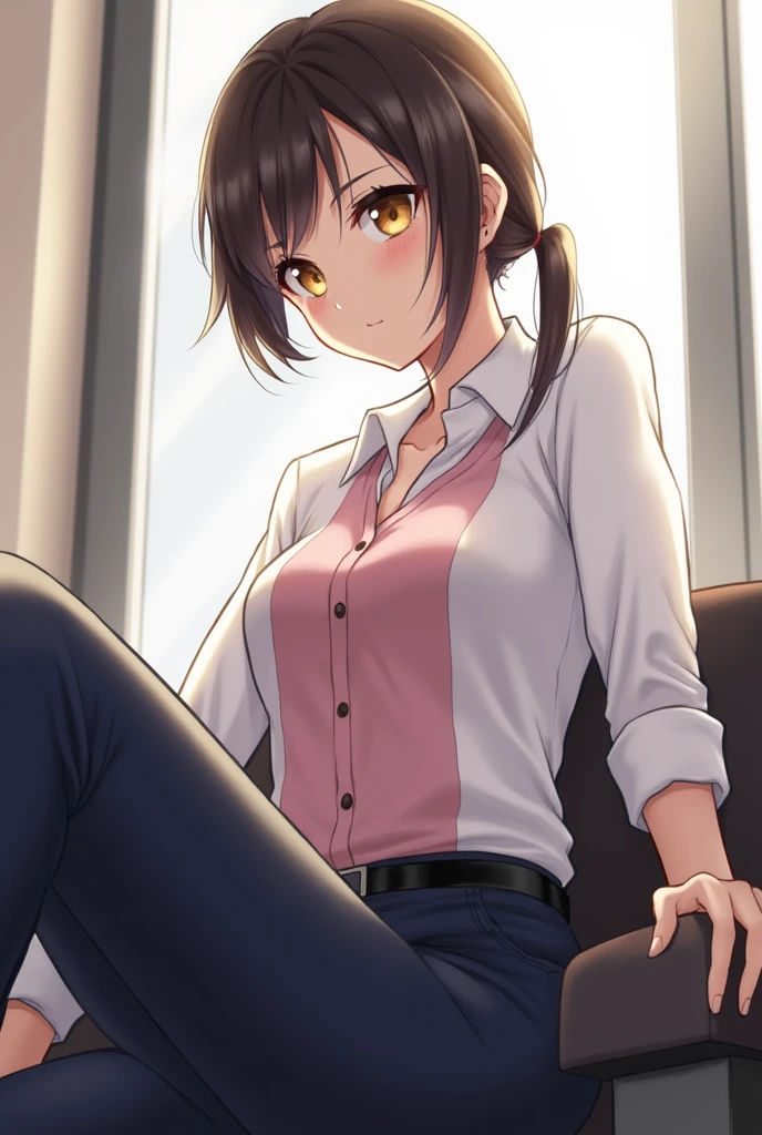 1girl, sofiatakigawa_jav, breasts, eyelashes, looking at viewer, cowboy shot, sitting, crossing legs, dynamite lighting, attractive body, wearing office attire, white blouse, pink singlet, belt, navy blue pants,
(ulzzang-6500:0.0), (ultimate quality, masterpiece, highres:1.0), (photorealistic, realistic:1.9), nice hands,