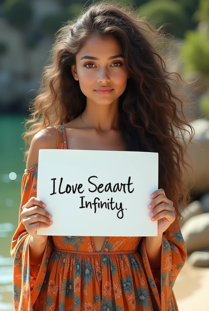 Beautiful girl with wavy long hair, bohemian dress, holding a white board with text "I Love Seaart Infinity" and showing it to the viewer