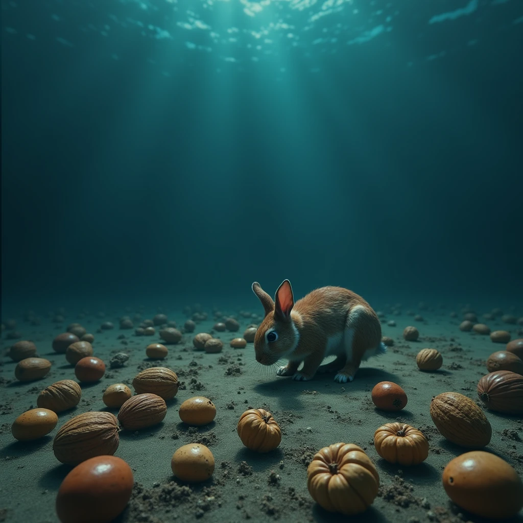 A more photorealistic image of a variety of nuts scattered on a deep ocean floor with a rabbit exploring.
