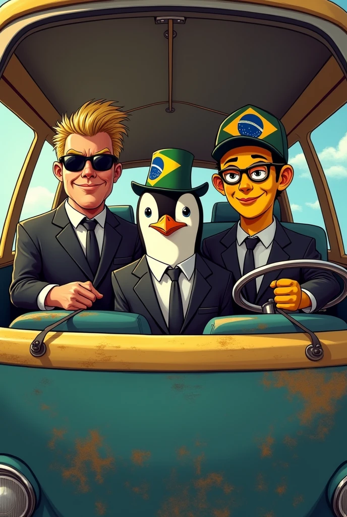 Cartoon style, three guys inside an old van, the view is from the front, one of the guys is dressed in a black suit, dark glasses and a blond quiff, the other guy wears the same suit but wears a mask of the character Pingo, the penguin, and a hat with the Brazilian flag, the third one sits in the back seat of the van, he has yellow skin color, wears a cap and holey plastic glasses