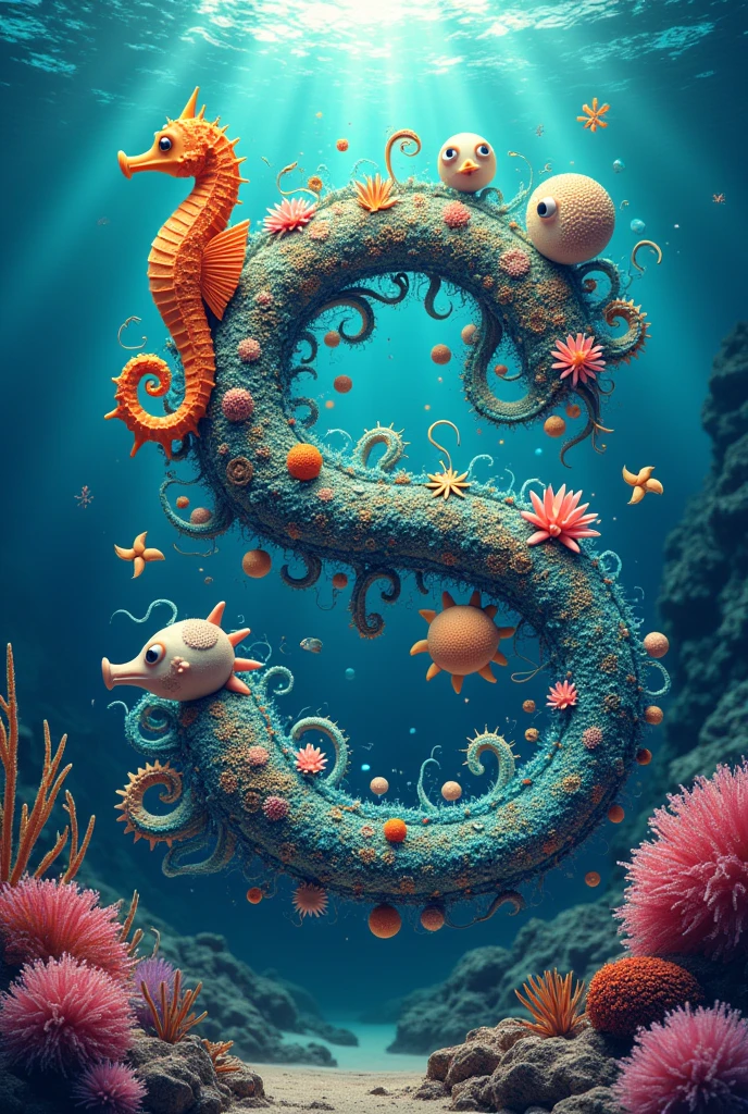 Typography Poster design, Logo Design, magical letter-shaped animals, fonts, text says "seaArt", cute sea creatures, Logo "seaArt", vivid, masterpiece, best quality, Professional, ultra-detailed, intricate details