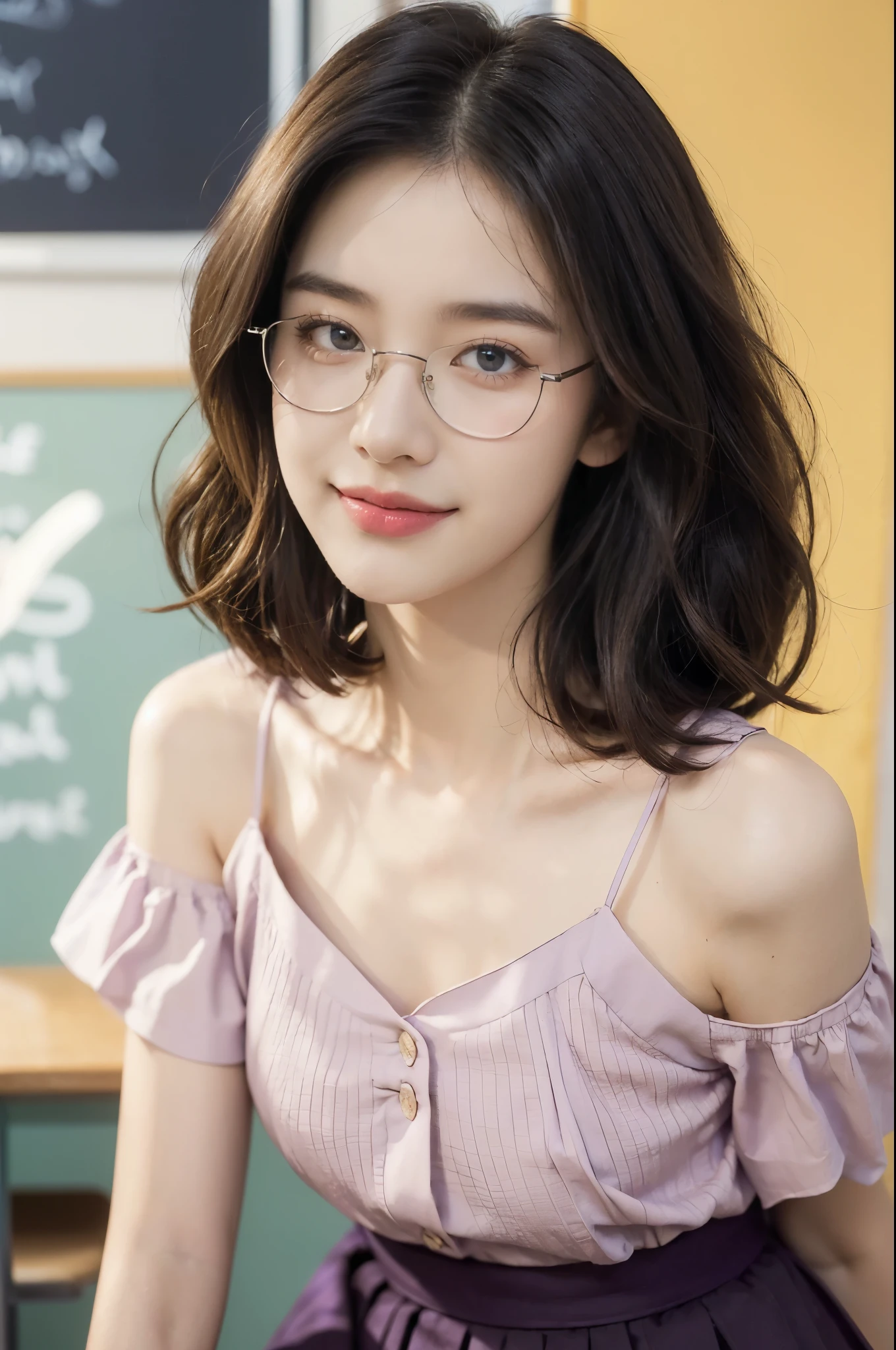 (((best quality))),(((ultra detailed))),(((masterpiece))),illustration,((1 beautiful young girl,female teacher,solo)),(shoulder-length wavy bob:1.3),(glasses:1.2),((slim,thin)),((small breasts,flat chest)),(summer:1.3),(indoor:1.2),(in classroom:1.3),(light purple collared short-sleeved blouse:1.3),(maxi dark purple skirt:1.3), elegance, confidence, professional attire, fashionable, personal style, wall posters, maps, colorful, learning, organized, desks, chairs, whiteboard, important information, diagrams, bright eyes, focused, gentle smile, warmth, kindness, positivity, enthusiasm, inspiring, students, joy, intelligence, snapshot, dedication, grace,((from front,upper body))