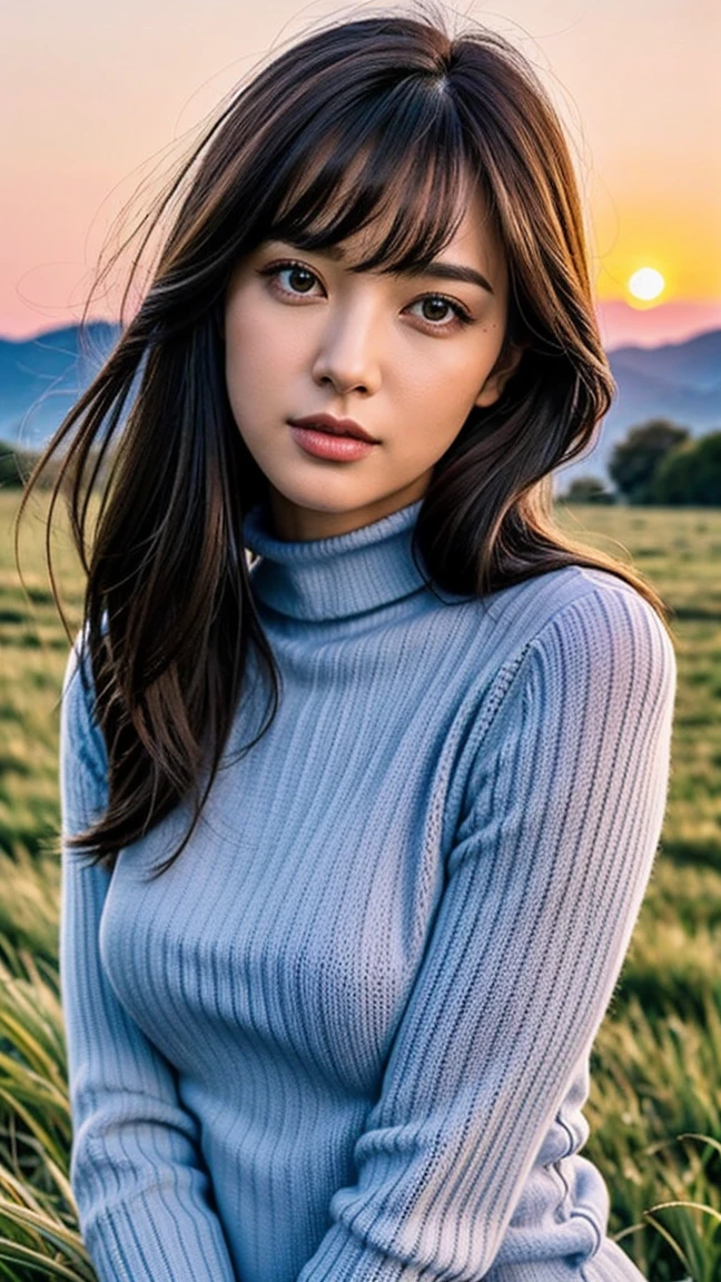 ((masterpiece)), ((Best Quality)), (high quality), ultra high resolution, (High detail), ((intricate detaild)), A woman, solo girl, better lighting, side lighting, natural lighting, High dynamic range, beautiful and aesthetic, (perfect body), ((narrow waist, Wide hips)), sexy smile, looking at the viewer, detailed face, shiny skin, oiled skin, adult girl, A woman, maduro, huge chest, (big chest), good ass, attractive body, the best anatomy, ((rubio, rubio long straight hair with bangs)), (blue eyes), (((Turtleneck Mini Sweater Dress, black long sleeve sweater dress))), standing, seductive, little smile, sexy smile, realist lighting, exterior, afternoon, ((Meadow full of flowers)), ((Beautiful landscape, views of the sky and mountains, red sky in the afternoon, realist background)), face detail, the best background, ((background detail)), ((background realist)), 8k, 16k, the best resolution, Ultra-high detail, the best image, the best image, face detail, detail hands, (detail of arms), ((Detailed anatomy)), the best anatomy, perfect anatomy, (finger detail), finger details, nail detail, body detail, detail footrnas, the face of better proportion, the best arms, (((from the front))), the hands with the best proportion, The best fingers, the best nails, detail foot, perfect nails, nail detail, the best belly button, The best model, ((increase quality)), detail all proportion, intricate detail, best proportion pose, the best arms de proporción, The best fingers de proporción, the best nail proportions, fingers realist, nail realist, arms realist, legs realist, Detailed anatomy, look at the viewer, (realist:1.3), photorealist, Photography, intricate ultra detailed, perfect all proportion, pose sexy, absurd resolution, HdR, arrange , cinematographic film, exclusive, RECRUITMENTS-Set, elegant, vivid color, the best image, realist visual
