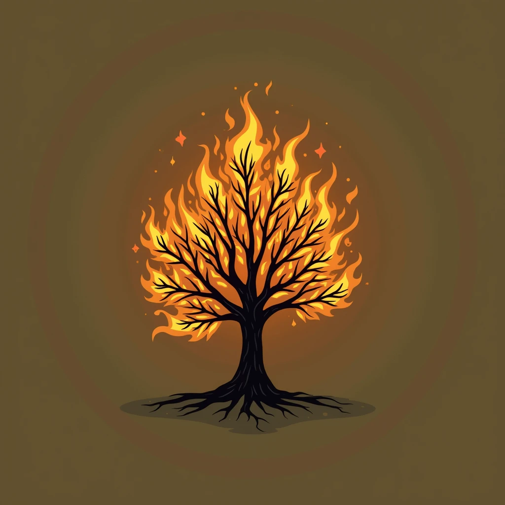 Sarsa (tree) on fire but not burning (tree leaves on fire but not burning), in a bunch, blue sky (vector style)(more black leaves, they don't burn but they are on fire)99 leaves on fire)