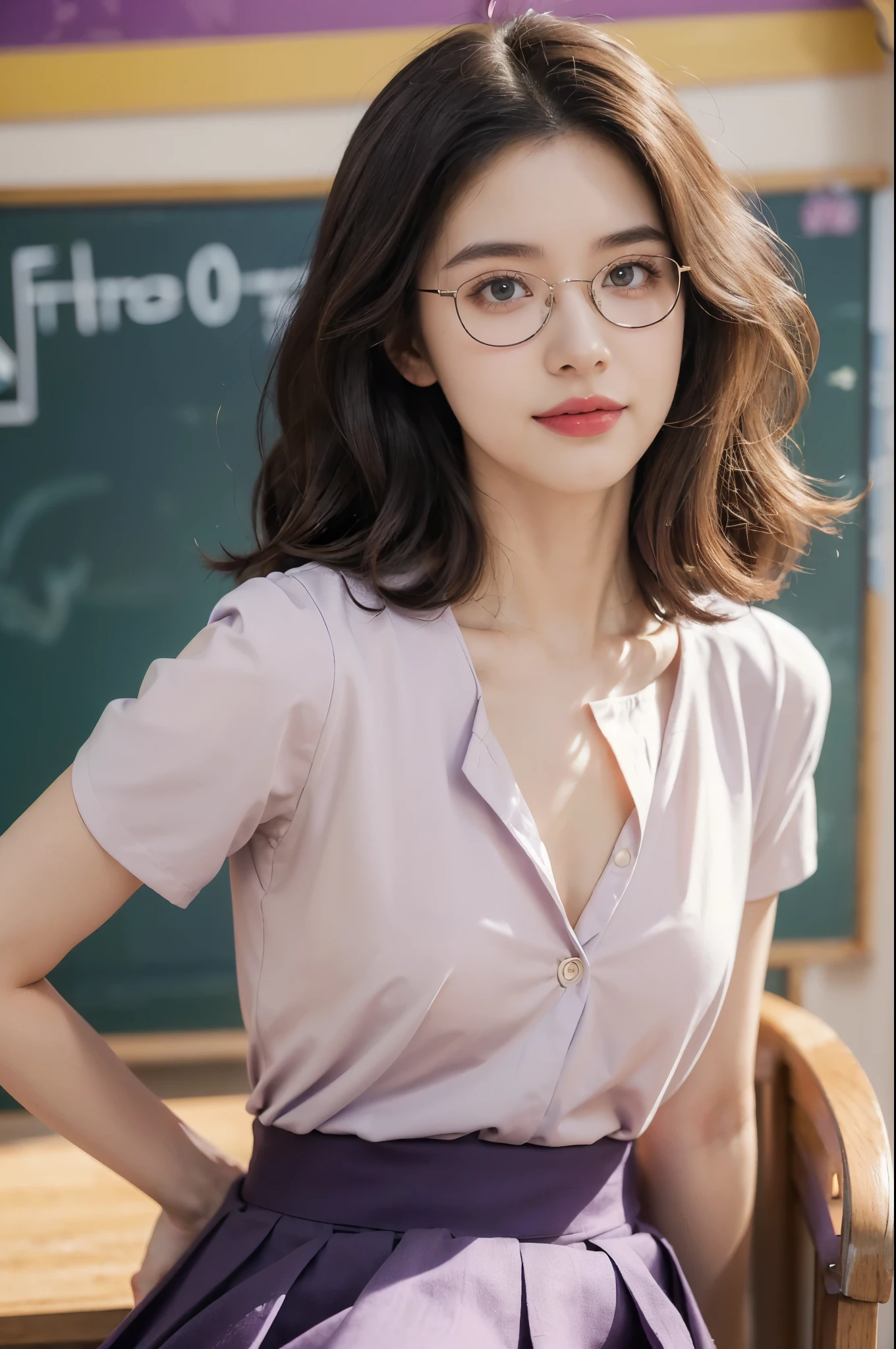 (((best quality))),(((ultra detailed))),(((masterpiece))),illustration,((1 beautiful young girl,female teacher,solo)),(shoulder-length wavy bob:1.3),(glasses:1.2),((slim,thin)),((small breasts,flat chest)),(summer:1.3),(indoor:1.2),(in classroom:1.3),(light purple collared short-sleeved blouse:1.3),(maxi dark purple skirt:1.3), elegance, confidence, professional attire, fashionable, personal style, wall posters, maps, colorful, learning, organized, desks, chairs, whiteboard, important information, diagrams, bright eyes, focused, gentle smile, warmth, kindness, positivity, enthusiasm, inspiring, students, joy, intelligence, snapshot, dedication, grace,((from front,upper body))