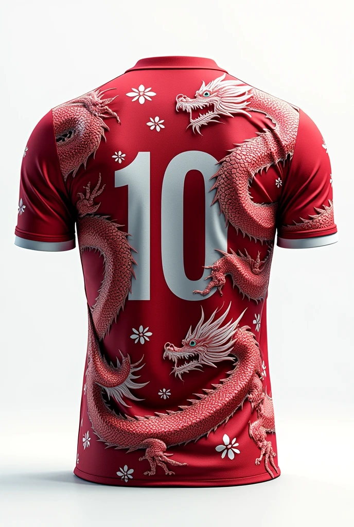 A football shirt with the number 10 on the back with the colors white and red full of dragons around the number 10 with the white background without a player
