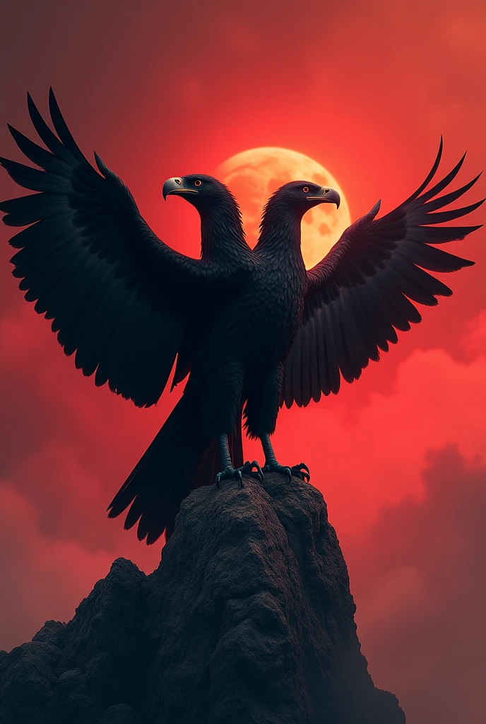 a mythical two-headed black eagle spreading its wings atop a mountain, dramatic crimson background, (best quality,4k,8k,highres,masterpiece:1.2),ultra-detailed,(realistic,photorealistic,photo-realistic:1.37),hyperrealistic, dramatic lighting, detailed feathers, powerful talons, piercing eyes, majestic, awe-inspiring, surreal