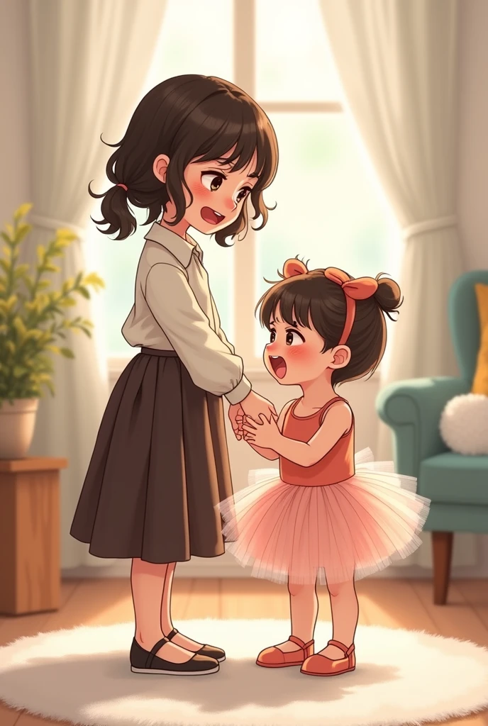 a older girl in a skirt and shirt dressing up her younger brother in a leotard and tutu whilst he cries