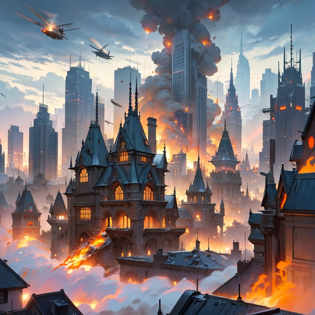 Fragments falling from the sky to a city cloudy sky impacts of alien fragments on fire combat helicopters firing tanks opening fire wing threat spectacular view great work of art high quality elven city
